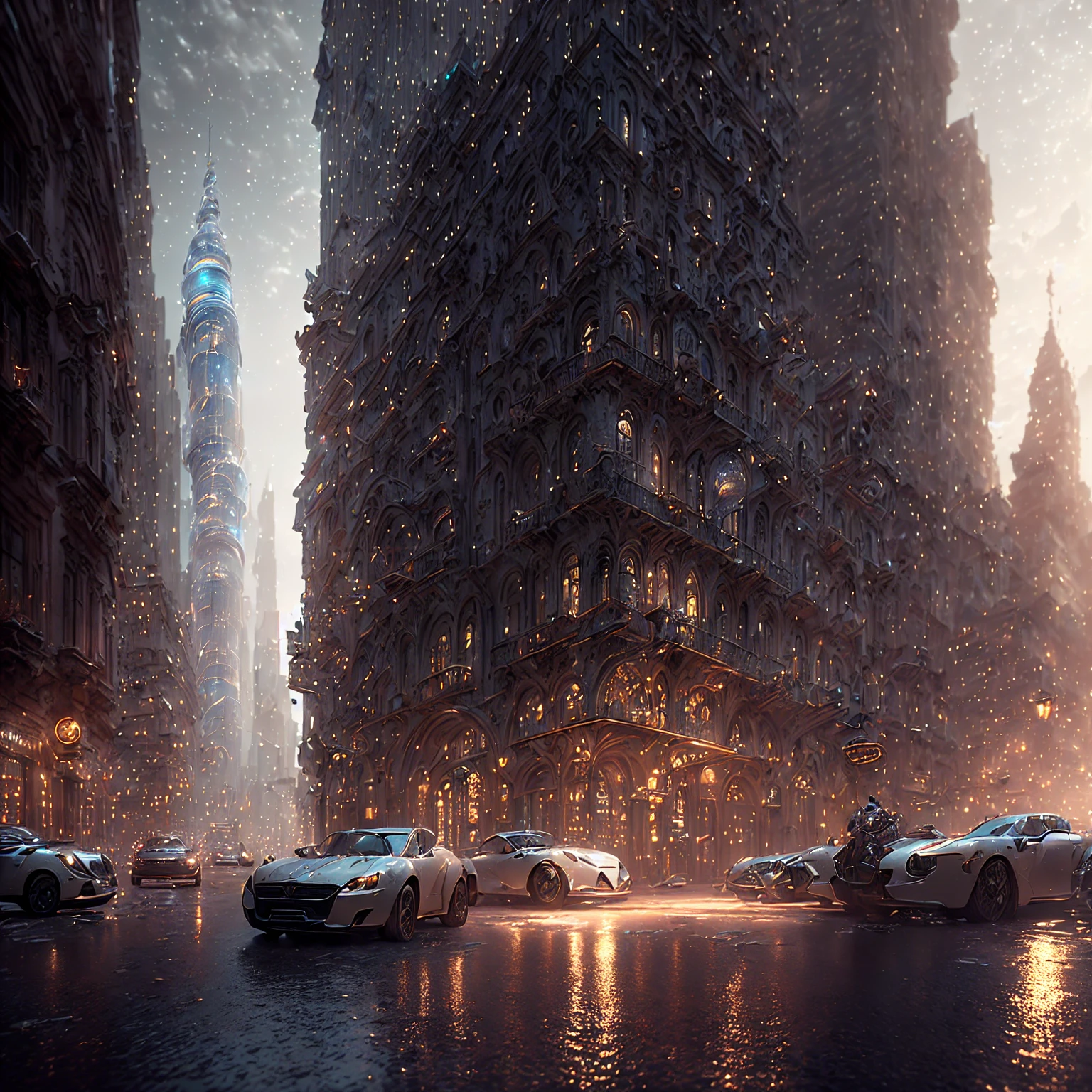 (dreamlike art world in a bottle), realistic, photo, canon, dreamlike, art,  (colorful city with lights and tall buildings in a bottle) hyperdetailed photorealism by Greg Rutkowski - h 1024 w 804 | f 1 6 lens mark 2:2 s 3555 mm film grain :1 lifelike high res sharp focus contrast!! intricate detailed atmospheric light refraction lighting unreal engine 5 cinematic concept photography masterpiece octane render trending at cgsociety rendered as