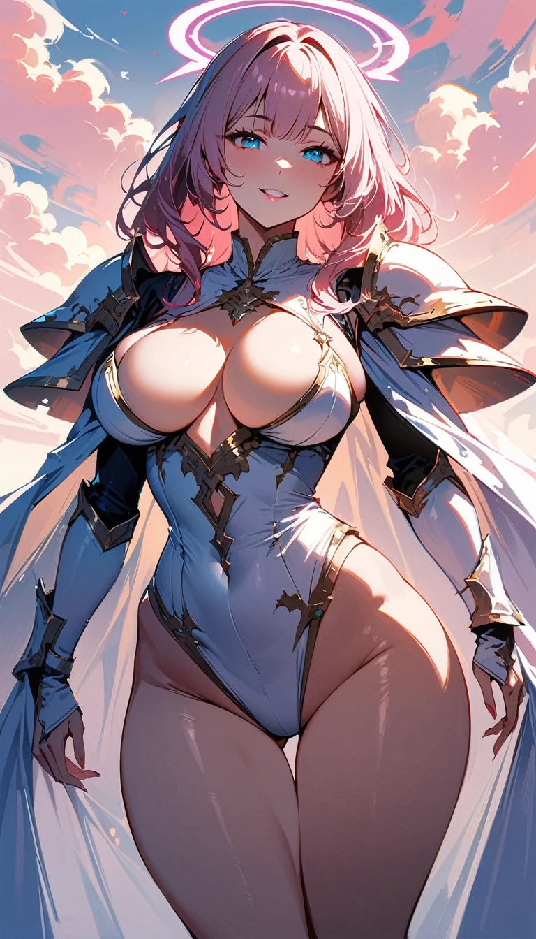 (high quality, 8k, 4K, high contrast, artwork:1.2, high quality, best aesthetics), (centralized), ((1 woman)), erotic, sensual, mature body, super detailed, beautiful face detailed, beautiful eyes detailed, detailed beautiful mouth, sexy body, perfect breats, perfect wide thighs, light pink hair, long light pink hair, wavy light pink hair, blue eyes, white medieval armor with sexy pink details, cleavage, shoulder pads, long white cape, exposed thighs, exposed belly, pink angel halo, smiling, calm facial expression, standing erect, looking at the viewer, centered, above the clouds, clear sky.