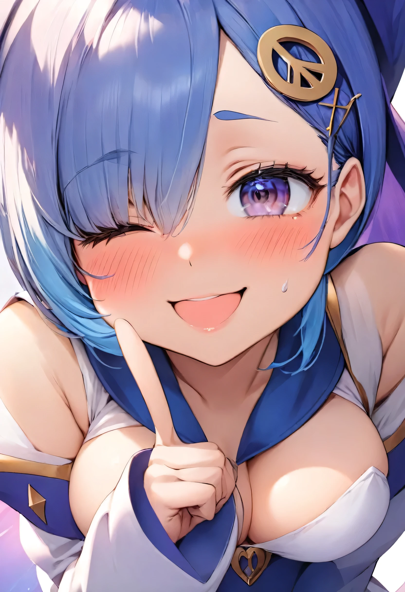 close-up, 1girl, light white skin, one-side hair bangs, blue-violet hair colour, blushing, peace sign, skimpy mage costume, winking