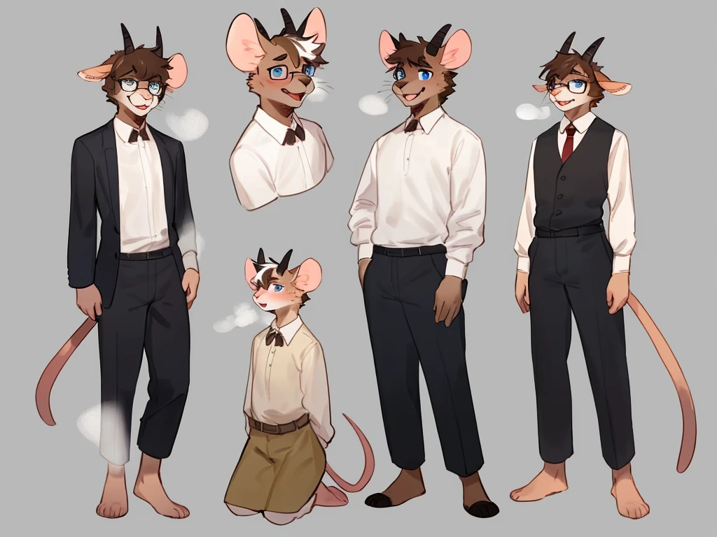 By bebebebebe, by lostgoose, by goonie-san, male, furry, goat-rat hybrid, ((goat horns)), mouse ears, ((light brown colored fur with white highlights)), (brown hair), blue eyes, mouse tail, adult, handsome, humanoid feet, mature, (slim build),black wire glasses, wearing dress shirt, looking up at viewer, (blushing, aroused), open mouth, exhaling, steamy breath