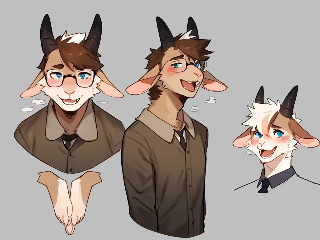 By bebebebebe, by lostgoose, by goonie-san, male, furry, goat-rat hybrid, ((goat horns)), mouse ears, ((light brown colored fur with white highlights)), (brown hair), blue eyes, mouse tail, adult, handsome, humanoid feet, mature, (slim build),black wire glasses, wearing dress shirt, looking up at viewer, (blushing, aroused), open mouth, exhaling, steamy breath