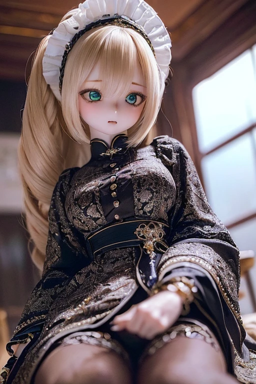 photorealistic, realistic photo, ((highest quality)), ((masterpiece)), (extremely detailed), kukolnydom, doll, (mature woman:1.6), solo, eye level shot, sitting on sofa, hands on knees, green eyes, (looking down, blank eyes, empty eyes, detailed eyes:1.3), light smile, dress, museum, 8k