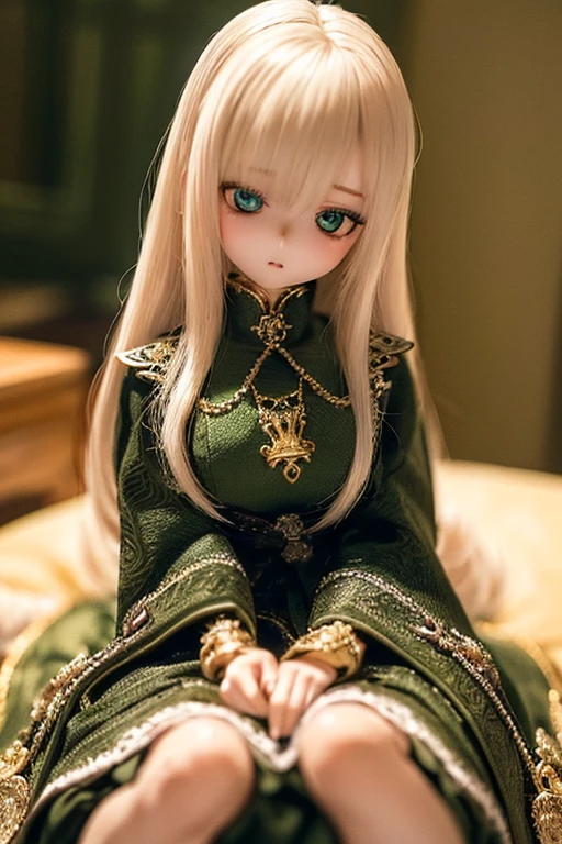 photorealistic, realistic photo, ((highest quality)), ((masterpiece)), (extremely detailed), kukolnydom, doll, (mature woman:1.6), solo, eye level shot, sitting on sofa, hands on knees, green eyes, (looking down, blank eyes, empty eyes, detailed eyes:1.3), light smile, dress, museum, 8k