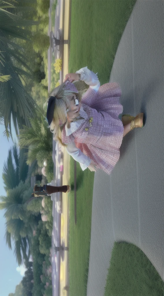 A smiling young blonde wearing a pink dress with gold buttons and a white bow and gray high heels. She is walking on a path that has trees and palm trees around it.