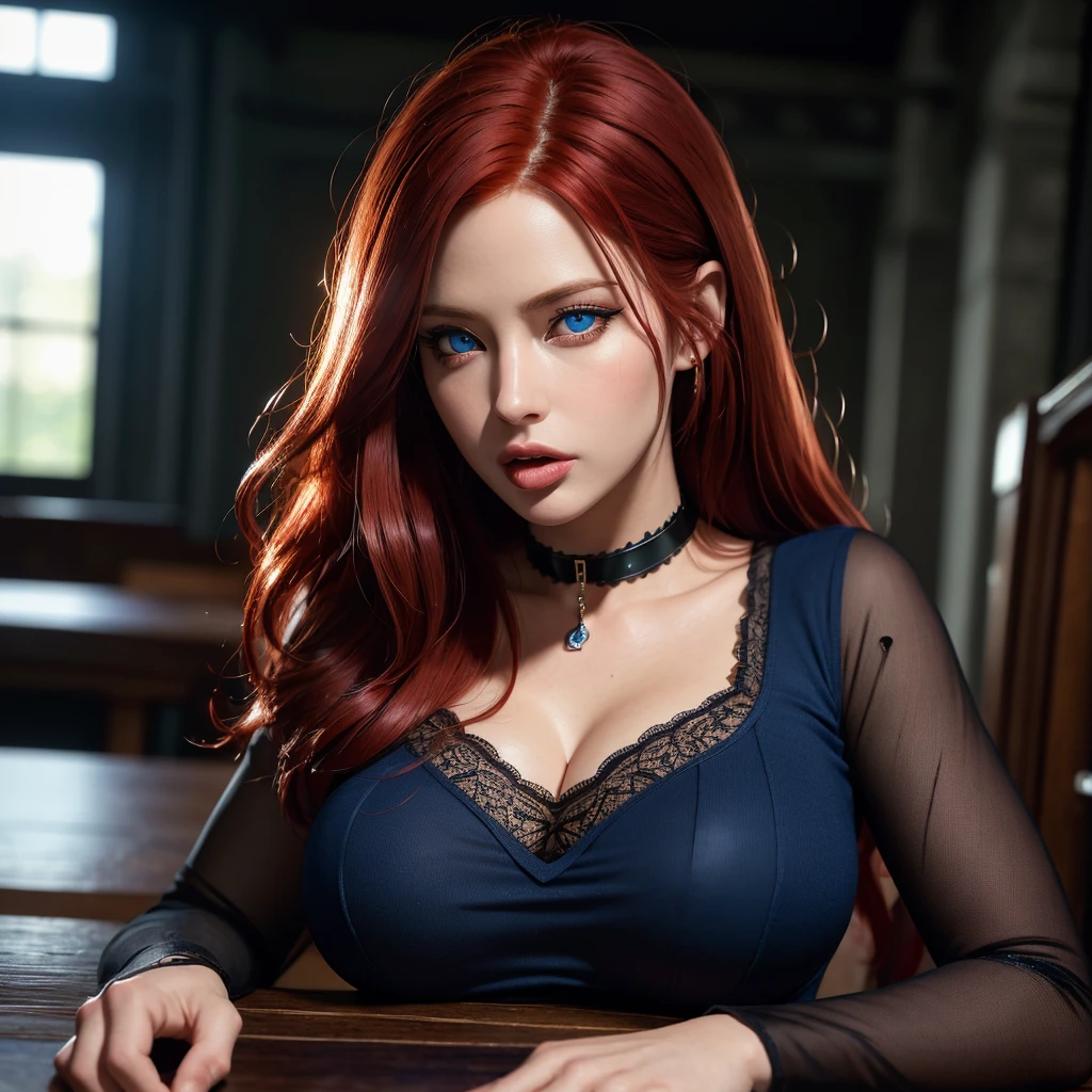 1 milf, solo, full body, ((red hair, blue eyes)), (Best quality, high resolution: 1.2), Ultra detailed, realistic, a beautiful milf with huge breasts, wearing round glasses, sitting on a table in a library , wearing tight black latex stockings that dig into her juicy thighs, wearing a choker collar that strongly compresses her neck, her tongue sticking out and eyes rolled up, (best quality,4k,8k,highres,masterpiece:1.2),ultra-detailed ,(realistic,photorealistic,photo-realistic:1.37),detailed eyes,detailed lips,extremely detailed face,long eyelashes,elegant mature woman,seductive pose,intense expression,chiaroscuro lighting,moody atmosphere,dramatic shadows,rich colors,cinematic, portrait. (Perfect details: 1.1), (beautiful and clear background: 1.2), (Extremely detailed CG, Ultra detailed, best shadow: 1.1), (perfectly detailed beautiful eyes), (full length 1.1)