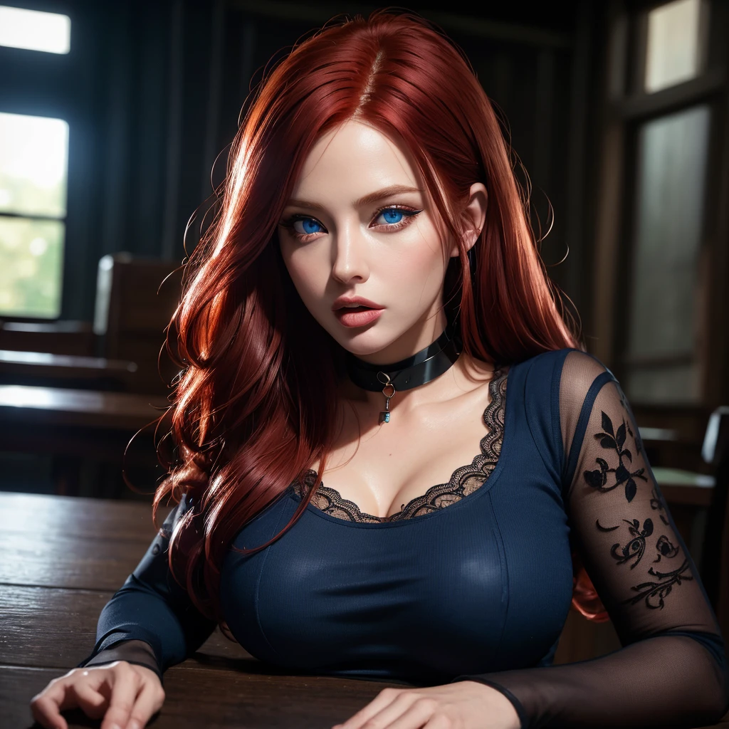 1 milf, solo, full body, ((red hair, blue eyes)), (Best quality, high resolution: 1.2), Ultra detailed, realistic, a beautiful milf with huge breasts, wearing round glasses, sitting on a table in a library , wearing tight black latex stockings that dig into her juicy thighs, wearing a choker collar that strongly compresses her neck, her tongue sticking out and eyes rolled up, (best quality,4k,8k,highres,masterpiece:1.2),ultra-detailed ,(realistic,photorealistic,photo-realistic:1.37),detailed eyes,detailed lips,extremely detailed face,long eyelashes,elegant mature woman,seductive pose,intense expression,chiaroscuro lighting,moody atmosphere,dramatic shadows,rich colors,cinematic, portrait. (Perfect details: 1.1), (beautiful and clear background: 1.2), (Extremely detailed CG, Ultra detailed, best shadow: 1.1), (perfectly detailed beautiful eyes), (full length 1.1)
