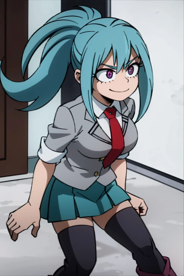 1girl, female focus, solo, big breasts, long hair, ponytail hair, aquamarine hair, sky blue hair highlights, violet eyes, smirk, gray jacket, red tie, white shirt, teal skirt, gray tights, boots