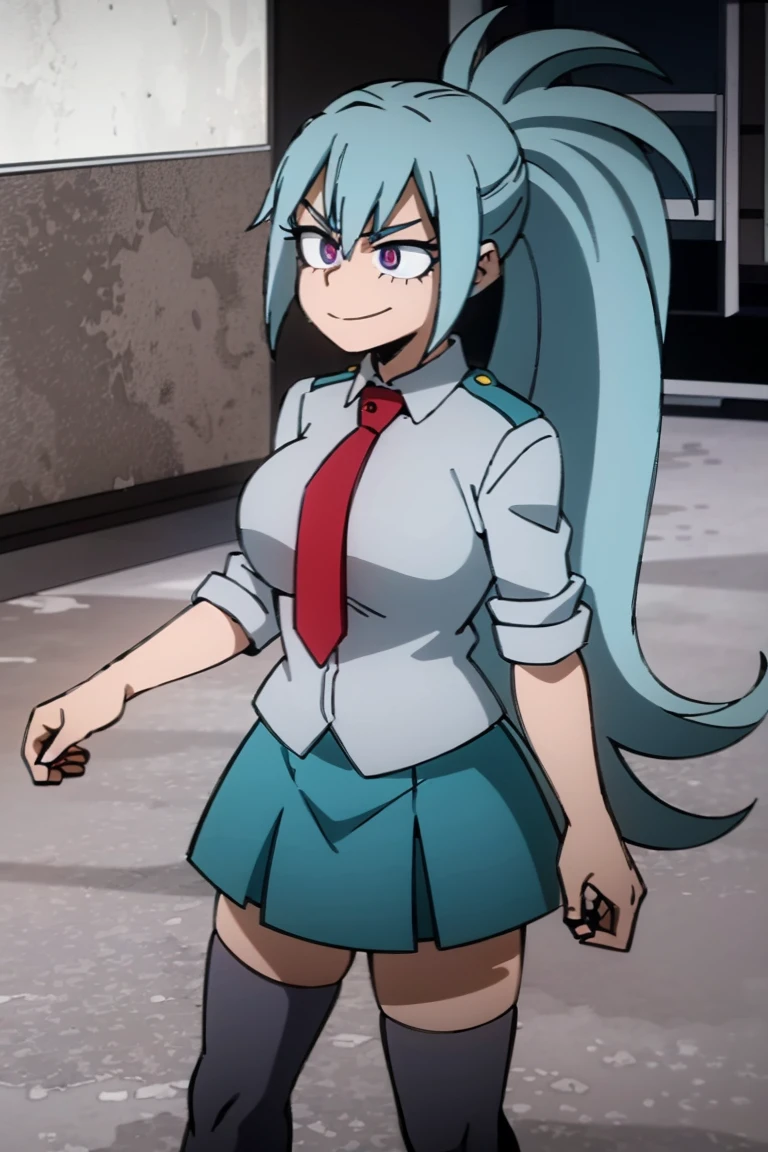 1girl, female focus, solo, big breasts, long hair, ponytail hair, aquamarine hair, sky blue hair highlights, violet eyes, smirk, gray jacket, red tie, white shirt, teal skirt, gray tights, boots