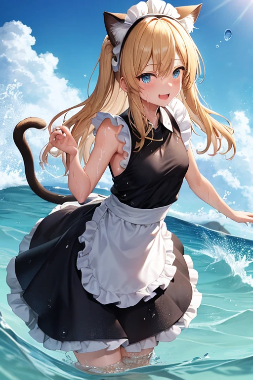 (Super best quality)(Highest quality)(Attention to detail)
Maid clothes, White apron, Headband, (Fashionable clothes)
Gothic Dress, ribbon, Maid clothes, (白と黒のMaid clothes), Normal collar sea, Beach, (Wave, Wave打ち), 高Wave, 荒Wave, In the water, (Waterlogged), Water Play,
((Even my clothes are wet 1.1))((Even my clothes are soaked in water)), (Water drop 1.1), Soaking wet, ((Deep water depth)) ((Deeply immersed))
Blonde, Blue Eyes, Cat ear, tail, cute, Naughty, The best smile, Water droplets all over the body((全身にWater drop 1.1)), Long, Water drops on my arms, Water drips from the clothes, Small breasts, Less exposure, Floating offshore, The clothes are sinking, Submersion
