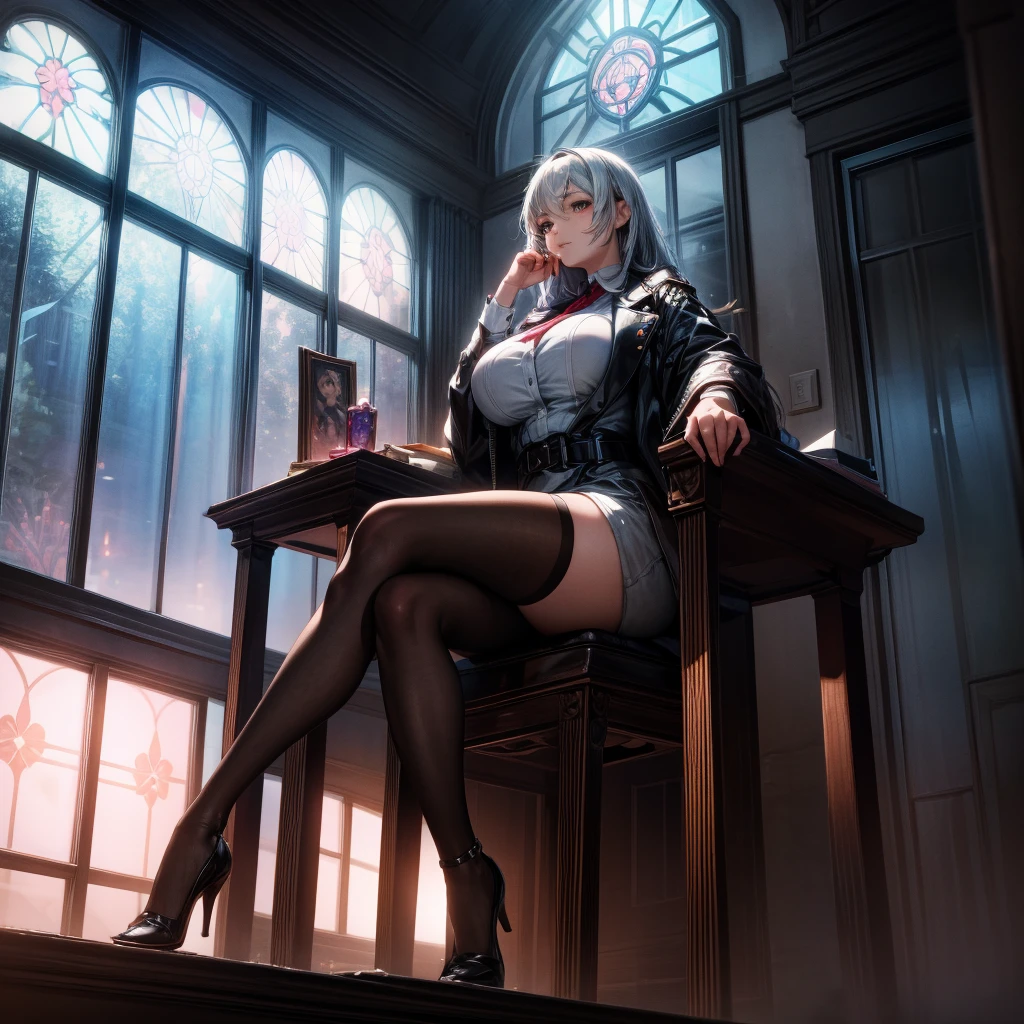 A masterfully crafted 3D render of an evil businesswoman sitting on a grand, ornate throne at the head of a long office table in a dimly lit room. The woman, with her mesmerizing beauty, exudes both power and darkness. Her outfit is a blend of luxurious materials used to make a scandalous risqué business suit, adorned with shimmering materials and intricate designs. Behind her, the stained glass windows cast a vivid Tyndall effect, with beams of light piercing through the darkness and creating a haunting atmosphere. The room itself is a blend of gothic and modern architecture, adding to the unsettling aura surrounding the queen. This illustration is a breathtaking example of anime realism, showcasing the artist's incredible skill and attention to detail., 3d render, anime, fashion, illustration, she has massive breasts that cannot be contained in her ripped open waist coat,