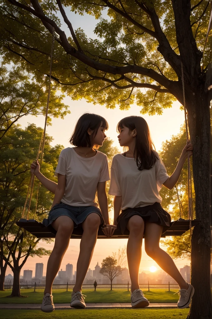 A on a tree swing and another looking at them at sunset in a park in the middle of the city