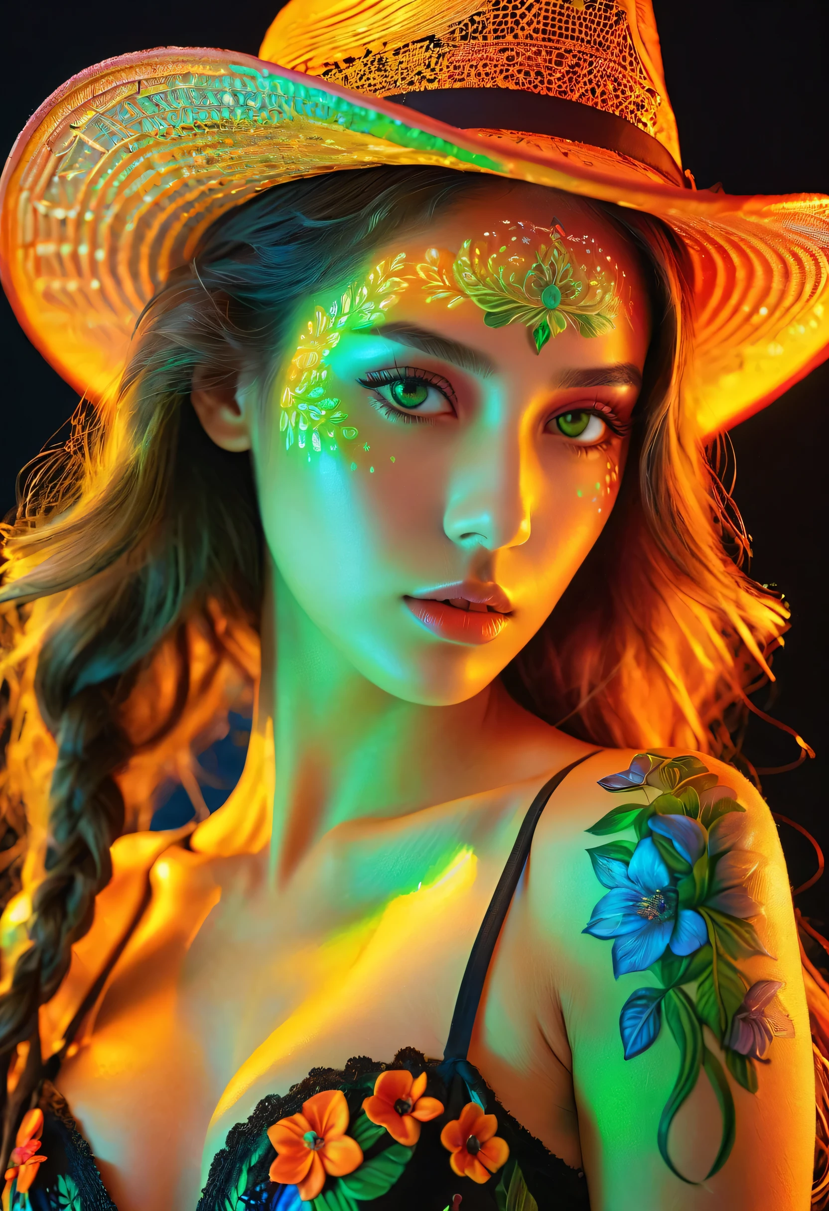 ((portrait of a girl in the ultraviolet backlighting on her:1.24)), ((Glowing 3D objects interact with graphics,Super detailed illustrations)), (1girl: 1.3, 22 years), ((perfect hands:1.2)), ((perfect female body:1.4)), cute girl, ((super fluorescent colourful and extremely intricately detailed photo of Hyperrealistic art Wonderful, intricate (fluorescent colorful:1.4))), photorealistic Realism 8K Quality, fashion supermodel, (Glamour, paparazzi taking pictures of her), (beautiful slim and sharp face), ((ultra absurd details of realistic , perfectly round brown eyes: 1.3 in Ultra absurd quality and resolution)), (Ultra sharp eyes, clear absurd quality, not blurry), ((fine detailed pupils: 1.4)), pink_makeup:1.2, blue_eyeliner, red_lipstick:1.4,(perfect dark_eyeshadows), (Detailed nose:1.2), Intricate detail face, (perfect composition), ((orange, green, black, red flower clusters: 1.44)), break, ((fluorescent flower clusters printed on skin: 1.33)), ((A model shows off glowing body paint covering her private parts in a vivid artistic display)), ((Beautiful girl with long legs and good style:1.2)), ((firm and full breasts:1.3)), (dynamic pose:1.25),((no_Pantise)),(Erotic:1.33), (((cowboy shot:1.3))),