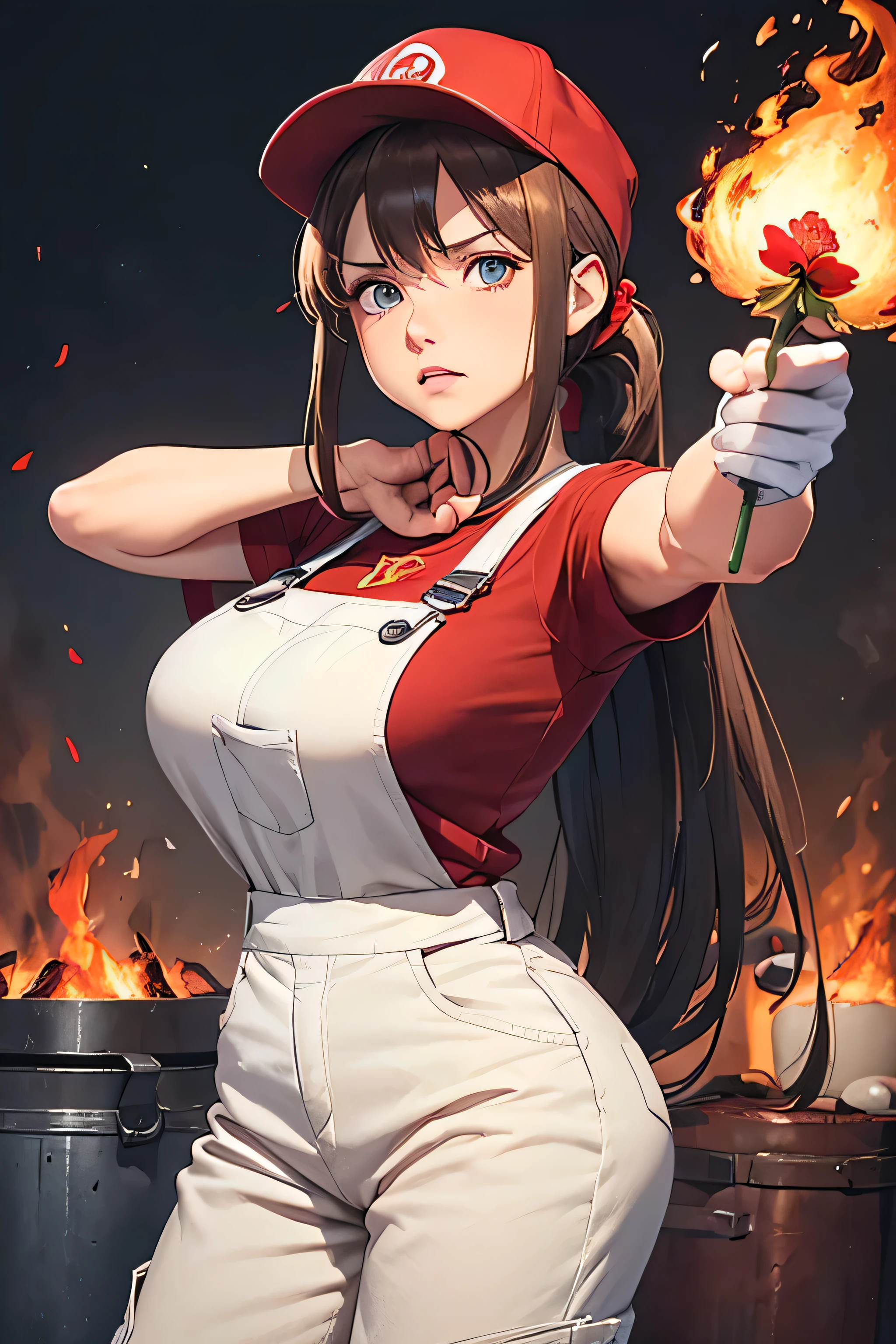 Woman, Brown Hair, long Hair, Blue Eyes, Ponytail, Large Breasts, White overalls, Red Shirt, (Red Plumbers Hat with Letter M on front), Work Boots, ((Holding Single LArge Red Flower in Left Hand)), ((Magic fire in right Hand)), (Angry Expression)
