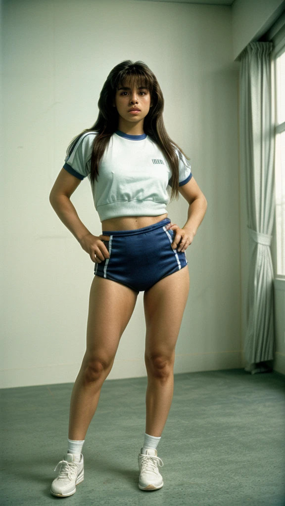 Hispanic woman in gym uniform full body standing, best quality, high detail, 80s film