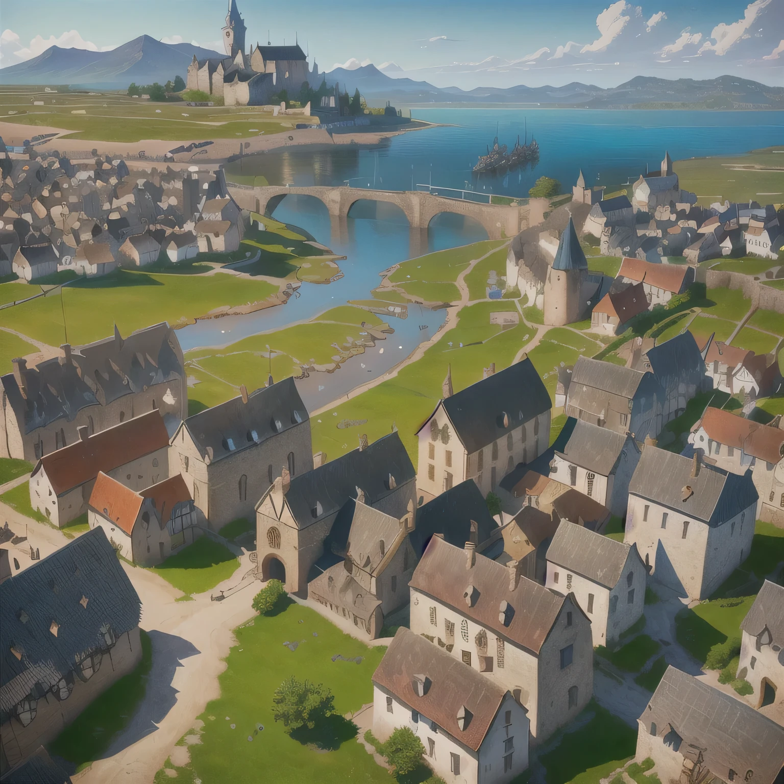 close-up of a small town on a small island, medieval city, Pixar-style WhiteRun, Medieval village, Medieval village on the plains, a small Medieval village, medieval city, medieval city landscape, Medieval coastal village, a medieval city, Medieval fantasy city, fantasy city setting, medieval fantasy game art, medieval city background