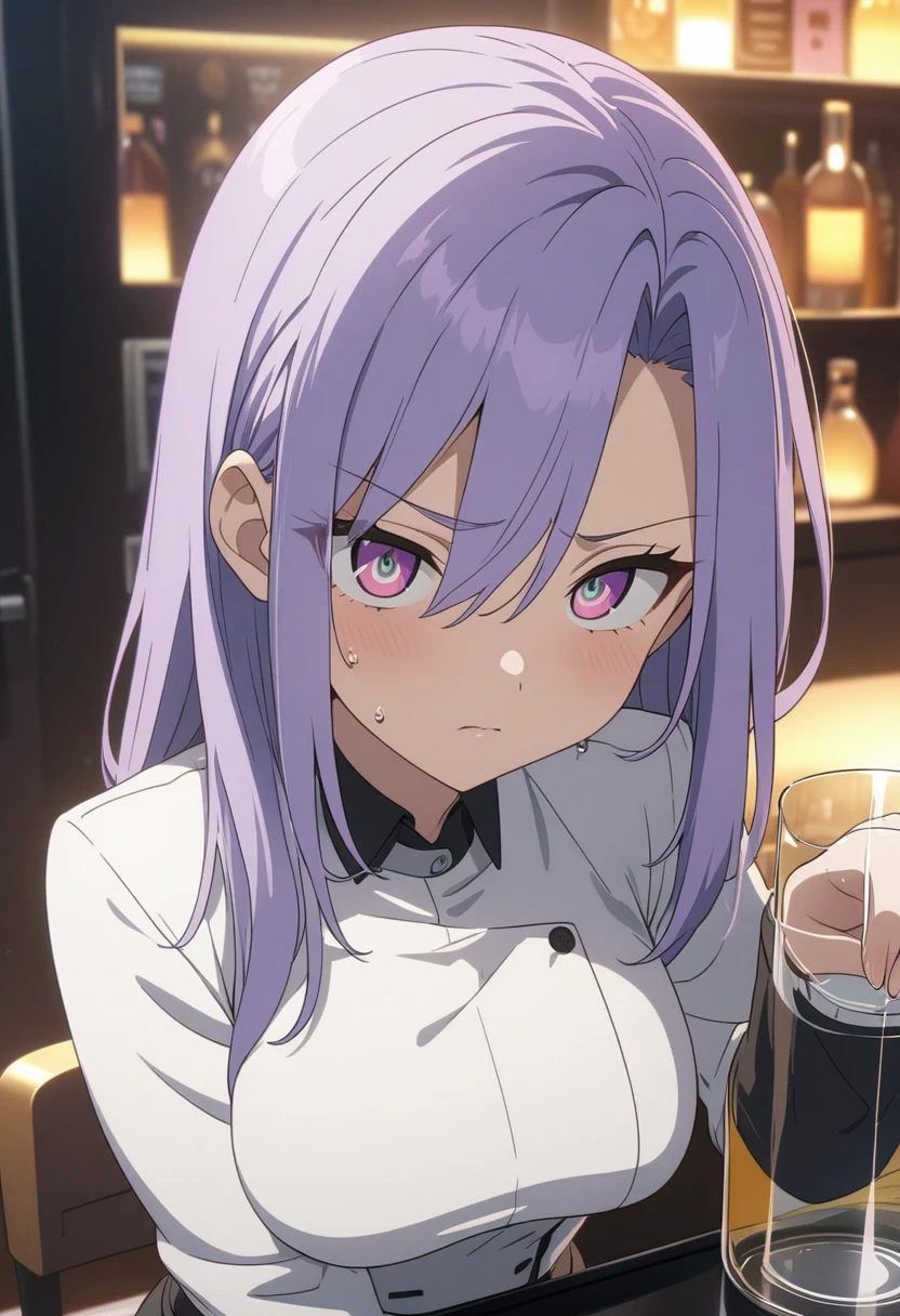 Adult female, cyberpunk bar, bartender, purple hair, medium bust, apathetic, cleaning a glass, high detailed, high quality, 8k anime, perfect eyes, eyes, expressive eyes, perfect hands