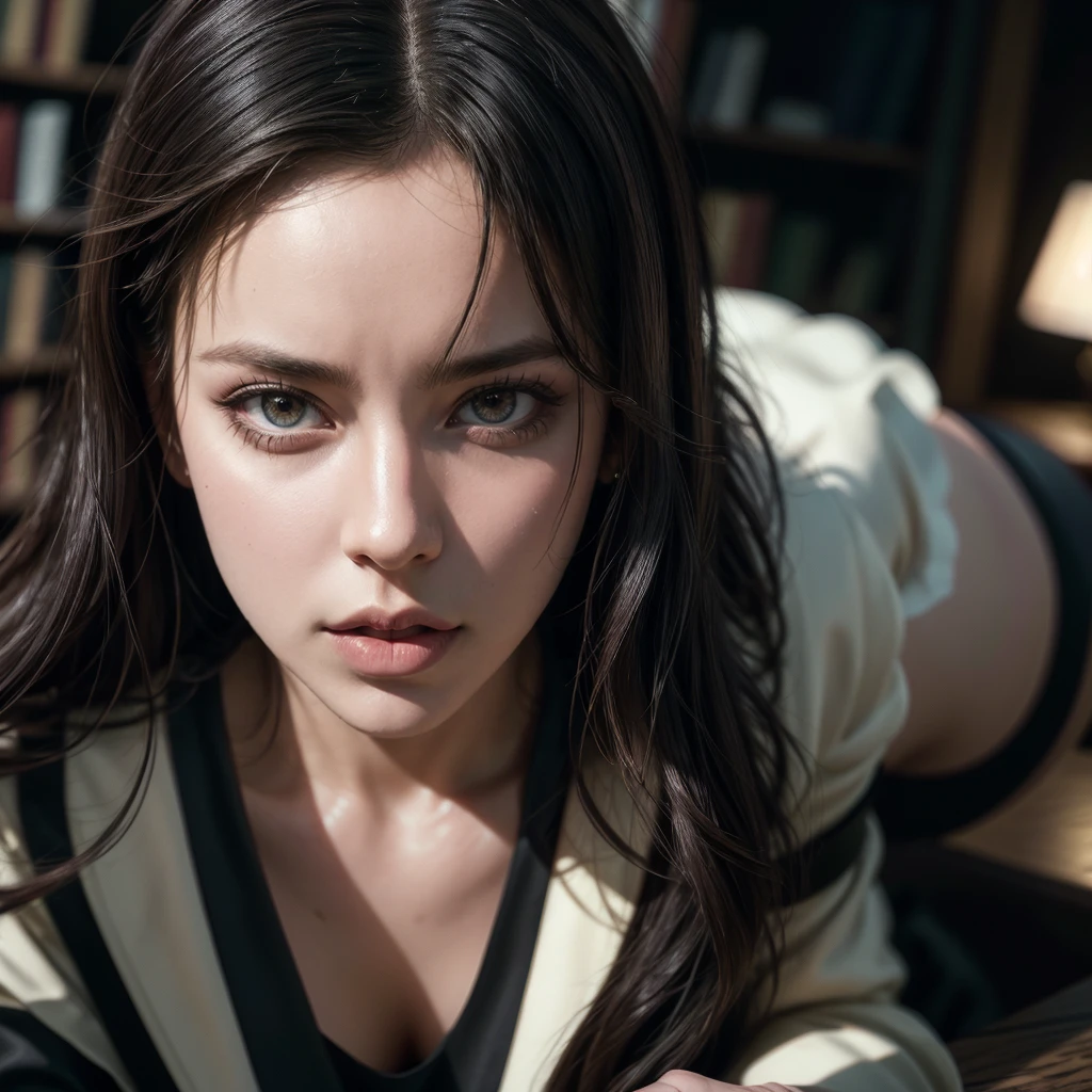 1 GIRL, solo,a beautiful milf with huge breasts, wearing round glasses, sitting on a table in a library, wearing tight black latex stockings that dig into her juicy thighs, wearing a choker collar that strongly compresses her neck, her tongue sticking out and eyes rolled up, (best quality,4k,8k,highres,masterpiece:1.2),ultra-detailed,(realistic,photorealistic,photo-realistic:1.37),detailed eyes,detailed lips,extremely detailed face,long eyelashes,elegant mature woman,seductive pose,intense expression,chiaroscuro lighting,moody atmosphere,dramatic shadows,rich colors,cinematic,portrait