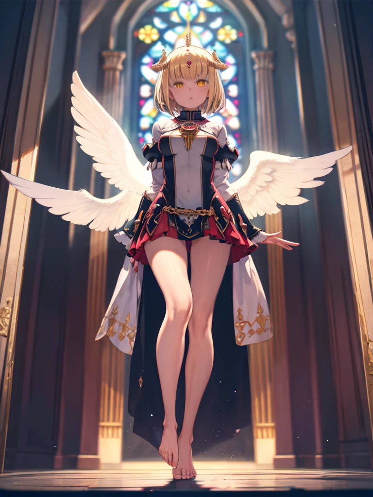 Low - Angle, From below, Paladin Templar Woman in White Tabard, Legwear, Glowing yellow eyes, collar, Gold Chain Mail, Wide Hips, barefoot, Angel Wings, Scapula, Hello, Bobcut, blonde, Eye focus, Red Cape, Temple interior, Decorations, Stained Glass Windows, night, particle, chromatic aberration, detailed, Cinematic, Dark Scene, Fantasy