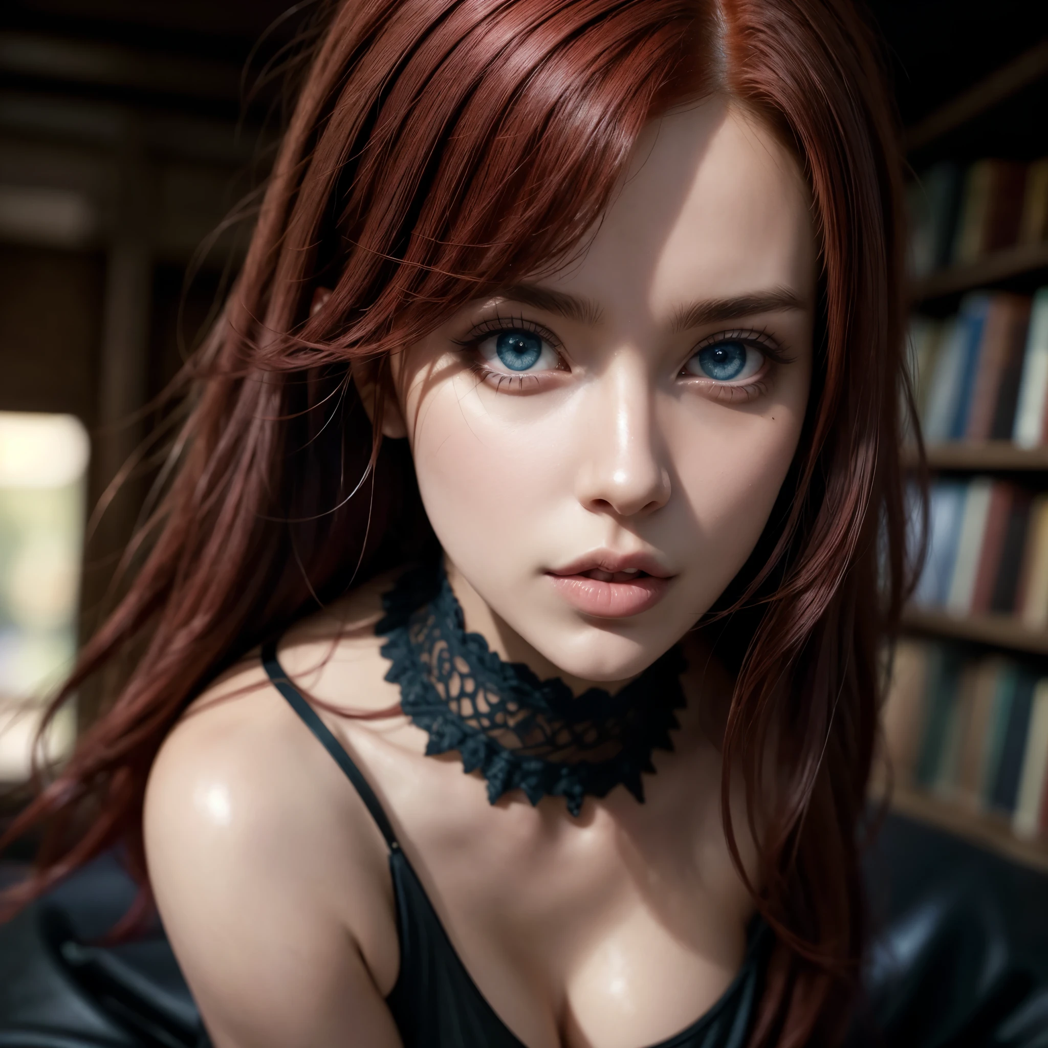 1 milf, solo, full body, ((red hair, blue eyes)), (Best quality, high resolution: 1.2), Ultra detailed, realistic, a beautiful milf with huge breasts, wearing round glasses, sitting on a table in a library , wearing tight black latex stockings that dig into her juicy thighs, wearing a choker collar that strongly compresses her neck, her tongue sticking out and eyes rolled up, (best quality,4k,8k,highres,masterpiece:1.2),ultra-detailed ,(realistic,photorealistic,photo-realistic:1.37),detailed eyes,detailed lips,extremely detailed face,long eyelashes,elegant mature woman,seductive pose,intense expression,chiaroscuro lighting,moody atmosphere,dramatic shadows,rich colors,cinematic, portrait. (Perfect details: 1.1), (beautiful and clear background: 1.2), (Extremely detailed CG, Ultra detailed, best shadow: 1.1), (perfectly detailed beautiful eyes), (full length 1.1)