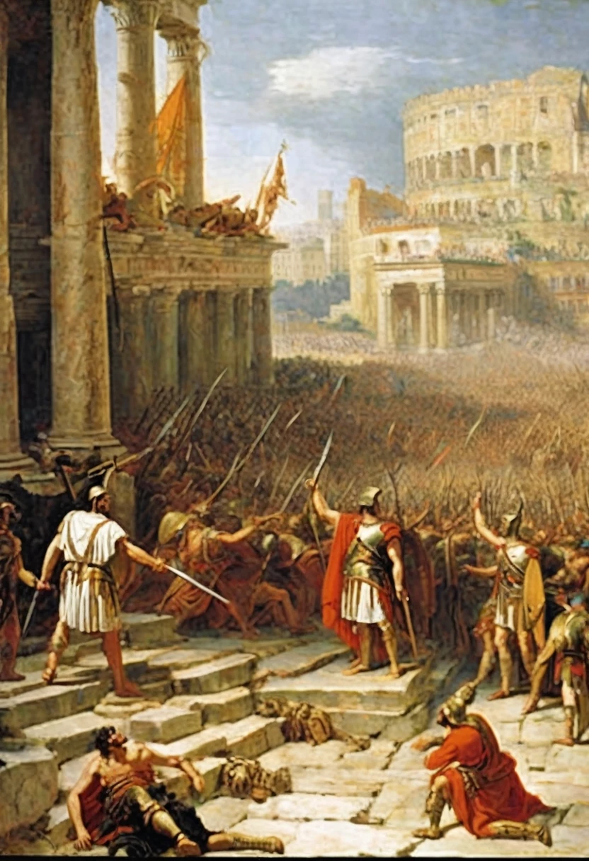 Two giant-spartan soldiers among ancient ruins towering over a crowd of angry roman-citizens screaming at some frightened 18th century explorers