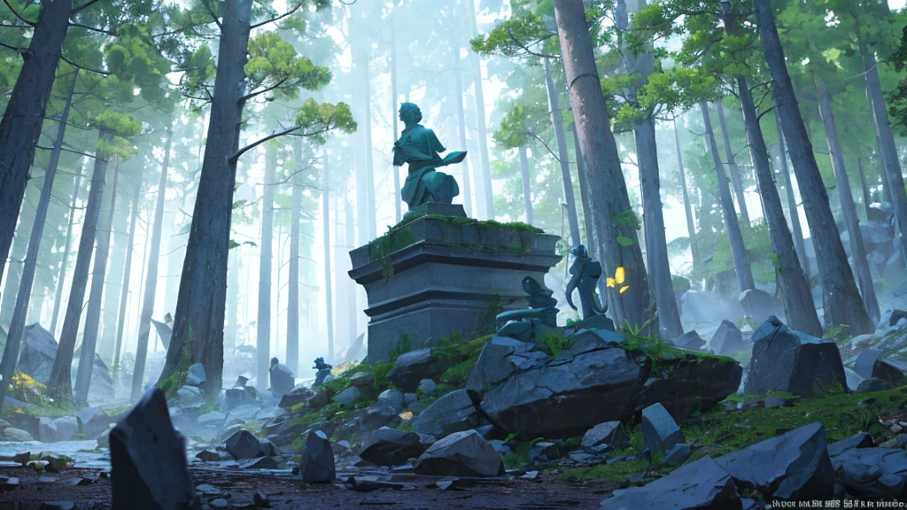 A small broken stone statue in the forest. No one is there. Pieces of stone are scattered all over the place.