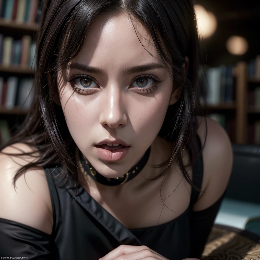 1 GIRL, solo,a beautiful milf with huge breasts, wearing round glasses, sitting on a table in a library, wearing tight black latex stockings that dig into her juicy thighs, wearing a choker collar that strongly compresses her neck, her tongue sticking out and eyes rolled up, (best quality,4k,8k,highres,masterpiece:1.2),ultra-detailed,(realistic,photorealistic,photo-realistic:1.37),detailed eyes,detailed lips,extremely detailed face,long eyelashes,elegant mature woman,seductive pose,intense expression,chiaroscuro lighting,moody atmosphere,dramatic shadows,rich colors,cinematic,portrait