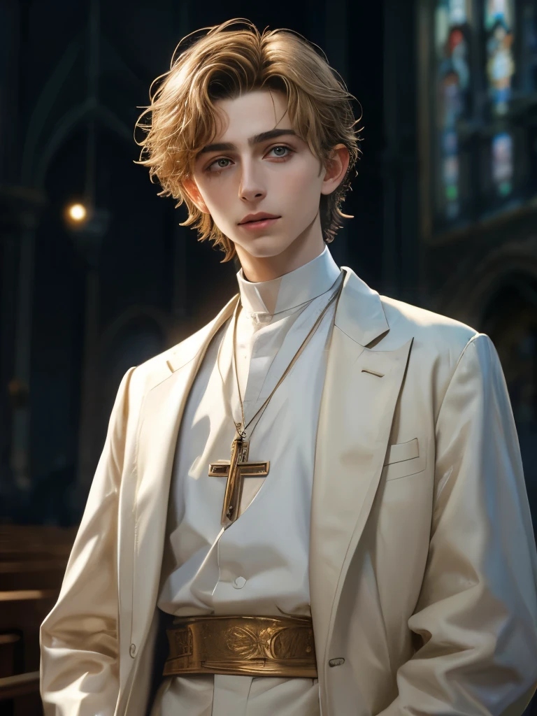 blond short hair , androgynous women ((Timothee Chalamet)), smooth smile, blessed aura, 19-year-old, Catholic church priest, black clean suit standing, minimalist church  High detail RAW colored art, intricate details, fine details, hyperdetailed, ray tracing, subsurface scattering, diffuse soft lighting, Intricate, High Detail, Sharp focus, dramatic and photorealistic painting art by midjourney, bokeh in the background, best quality, masterpiece, halfbody portrait, bright anbient, look at the viewer