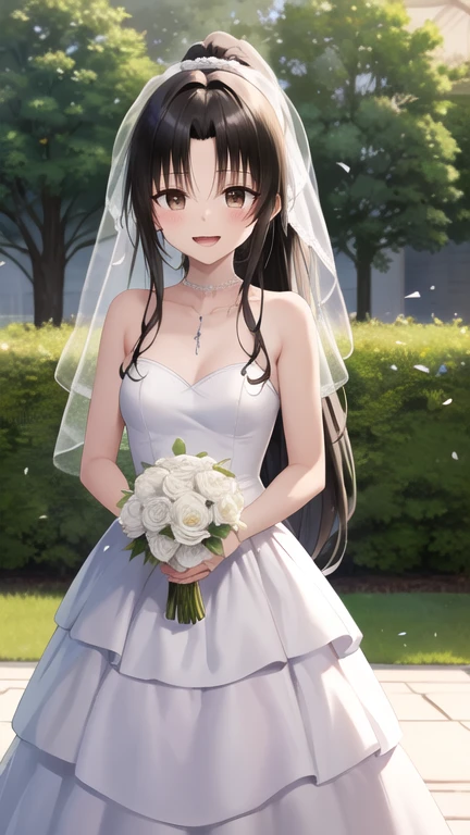 masterpiece, best quality, highres, 1girl, solo, long hair, black hair, ponytail, parted bangs, brown eyes, wedding dress, smile, open mouth, tears, holding bouquet, garden, confetti, standing, cowboy shot,