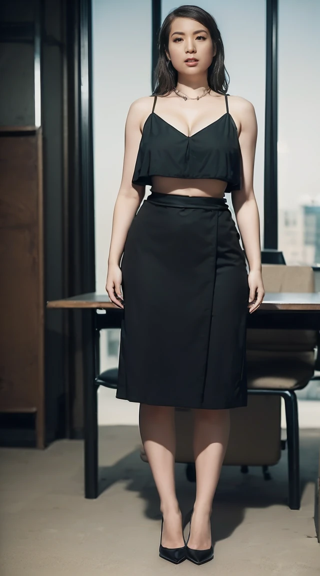 (Tabletop,high quality:1.3),(Written boundary depth:1.3) ,((Front body:1.35)), Japanese ,woman, Natural Makeup ,Standard height,(woman用ビジネスブラックスーツ、Midi skirt in black:1.2),Huge breasts, Huge breasts, chic, Curvy,(View your audience:1.3),(whole body:1.2),Office window