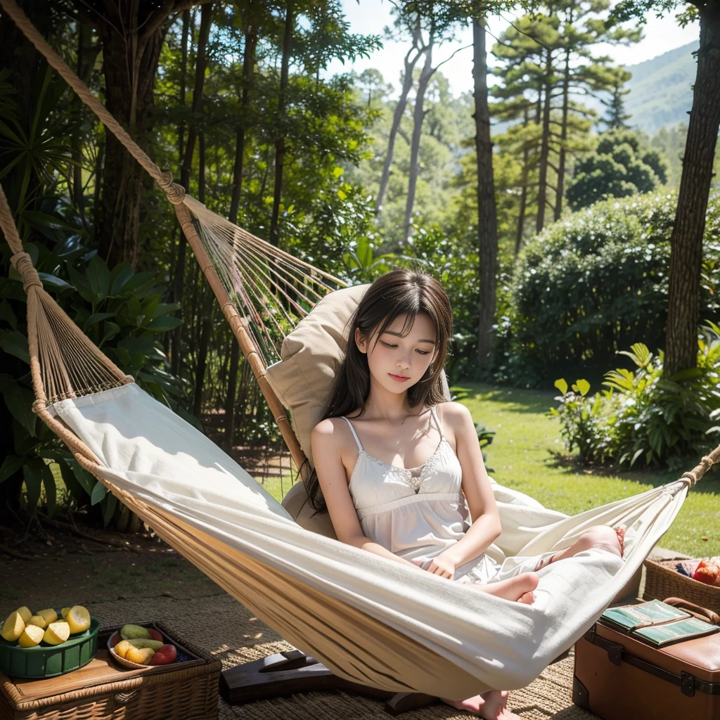 masterpiece, high resolution, girl,Sleeping in a hammock, nightwear, (Travel Lady), forest, wood, mount, tent, picnic, adventure  