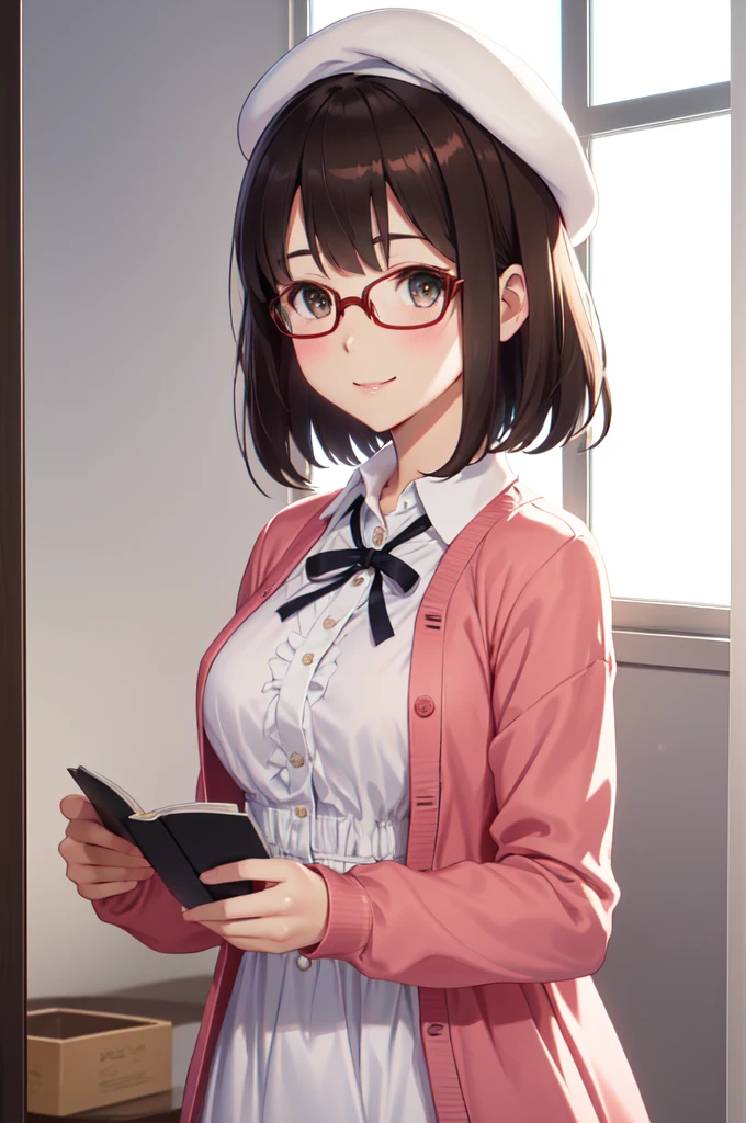 (masterpiece:1.6, best quality), (finely detailed beautiful eyes: 1.2), ph_katou, katouhdlong, katouhd, 1girl, solo, holding eyewear, hat, eyewear removed, dress, brown hair, bangs, holding, short hair, simple background, glasses, jacket, white background, open jacket, smile, white headwear, brown eyes, open clothes, blush, white dress, red jacket, ribbon, long sleeves, standing, closed mouth, beret, bow, neck ribbon, breasts, black ribbon, buttons, medium breasts, black-framed eyewear, short dress, backlighting, wing collar, manka