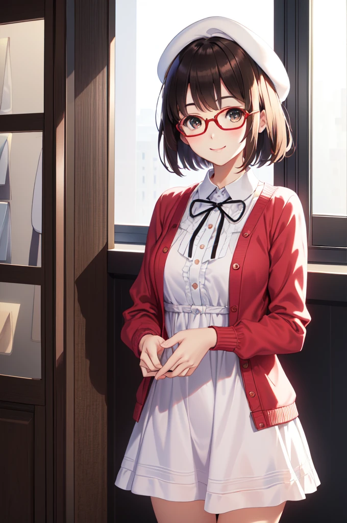 (masterpiece:1.6, best quality), (finely detailed beautiful eyes: 1.2), ph_katou, katouhdlong, katouhd, 1girl, solo, holding eyewear, hat, eyewear removed, dress, brown hair, bangs, holding, short hair, simple background, glasses, jacket, white background, open jacket, smile, white headwear, brown eyes, open clothes, blush, white dress, red jacket, ribbon, long sleeves, standing, closed mouth, beret, bow, neck ribbon, breasts, black ribbon, buttons, medium breasts, black-framed eyewear, short dress, backlighting, wing collar, manka