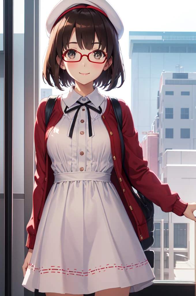 (masterpiece:1.6, best quality), (finely detailed beautiful eyes: 1.2), ph_katou, katouhdlong, katouhd, 1girl, solo, holding eyewear, hat, eyewear removed, dress, brown hair, bangs, holding, short hair, simple background, glasses, jacket, white background, open jacket, smile, white headwear, brown eyes, open clothes, blush, white dress, red jacket, ribbon, long sleeves, standing, closed mouth, beret, bow, neck ribbon, breasts, black ribbon, buttons, medium breasts, black-framed eyewear, short dress, backlighting, wing collar, manka