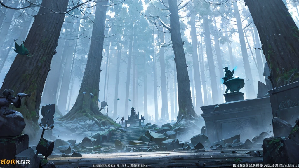 A broken stone statue of a small devil In the forest There is no one There are pieces of stone scattered