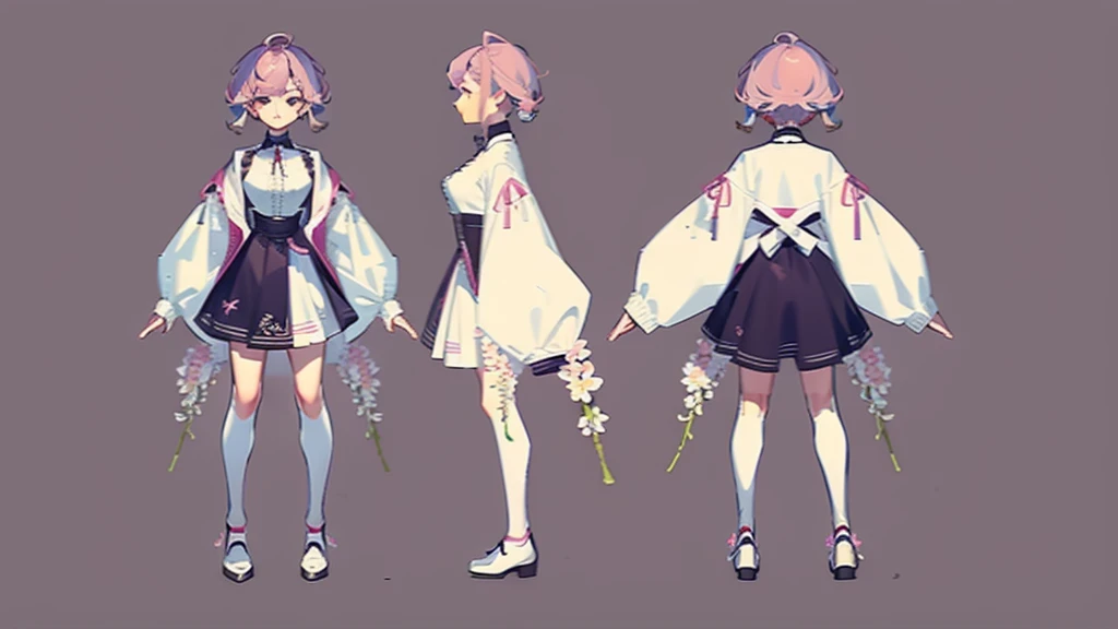 masterpiece: 1.6, best quality: 1.4, live image: 1.2, intricate details: 1.2, Chart Turner v2: 1.2, 1Woman full body character change,
figure:  thin: 1.3, yellow slanted eyes, huge breasts, detailed eyes, eye of quality, thick eyebrows, small stature
Clothing: country of flowers clothes, country of flowers shirt, flower short skirt, flower shoe accessories: purple flower piercing, Spiked collar, spike leg ring,  pink colored hair, messy short hair, Big size short twin tail makeup: natural, shining, contoured skin,
(single background, white background: 1.3), Multiple View, Multiple View of the same character in the same outfit: 1.3.