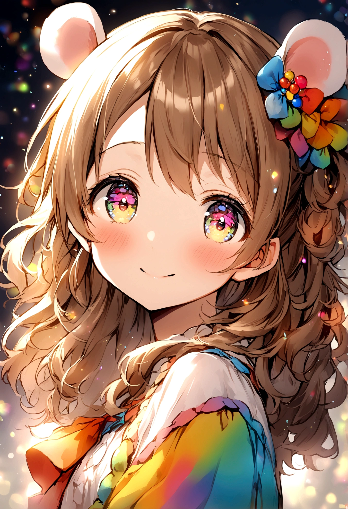 1girl, , yui hirasawa, cute, colorful, lovely, close face, face at viewer, open eyes, highres, light brown hair, colorful eyes, side view, eyes at camera, cute, young, long hair, hdr, mouse close but happy
