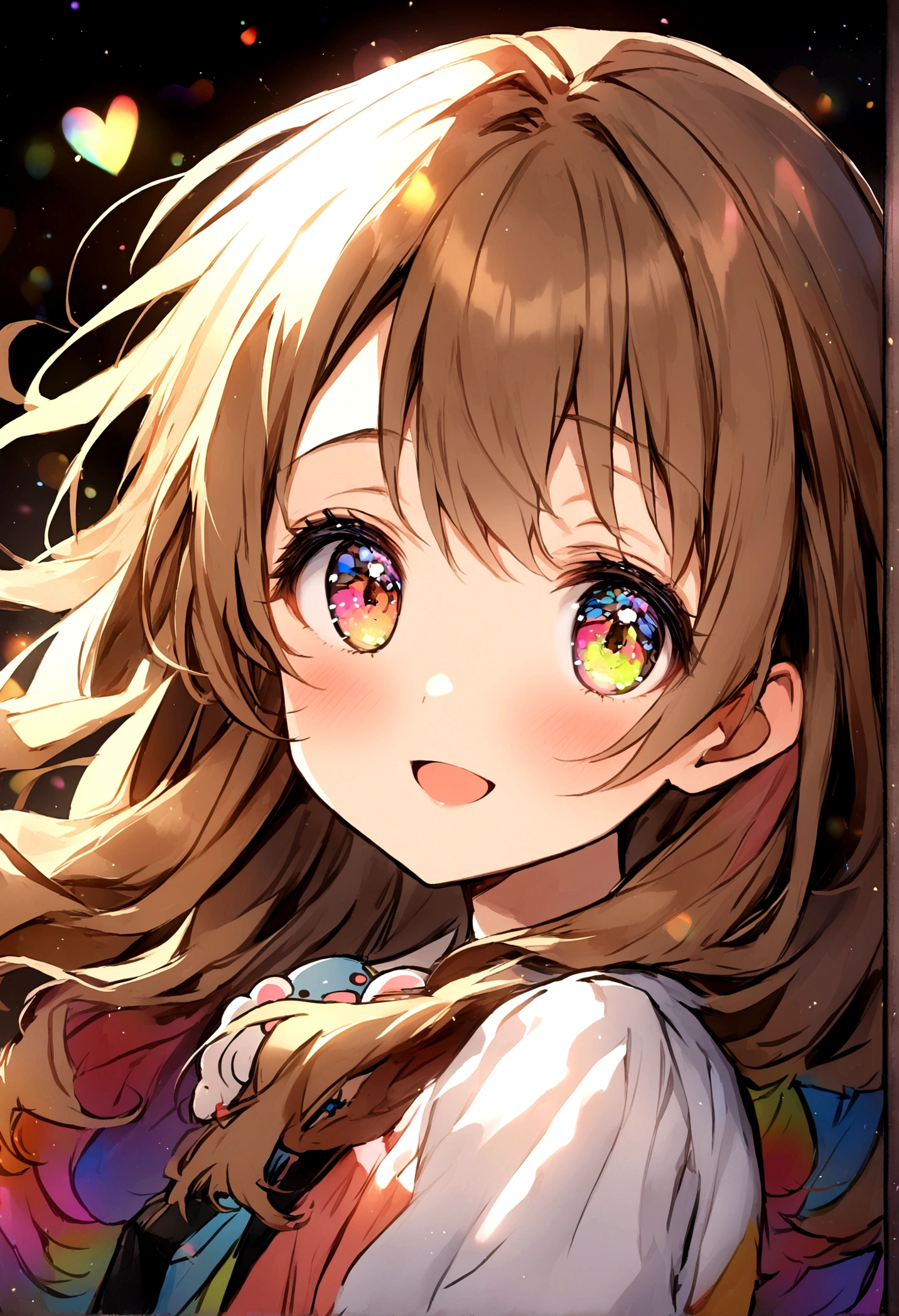 1girl, 15 years old, yui hirasawa, cute, colorful, lovely, close face, face at viewer, open eyes, highres, light brown hair, colorful eyes, side view, eyes at camera, cute, young, long hair, hdr, mouse close but happy