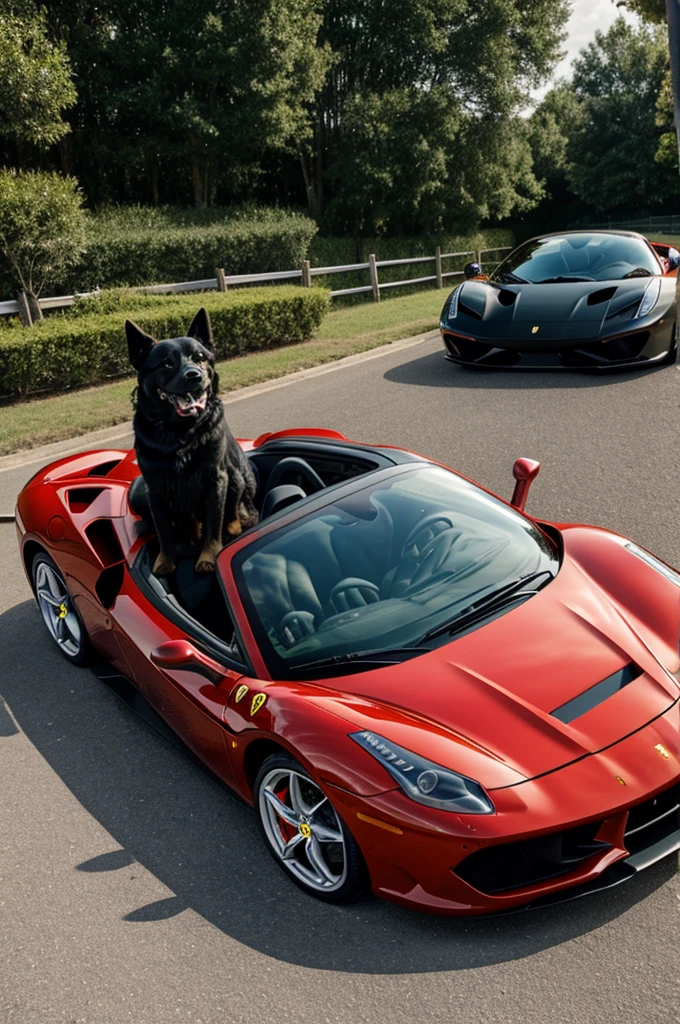 A dog driving a Ferrari we drink beer
