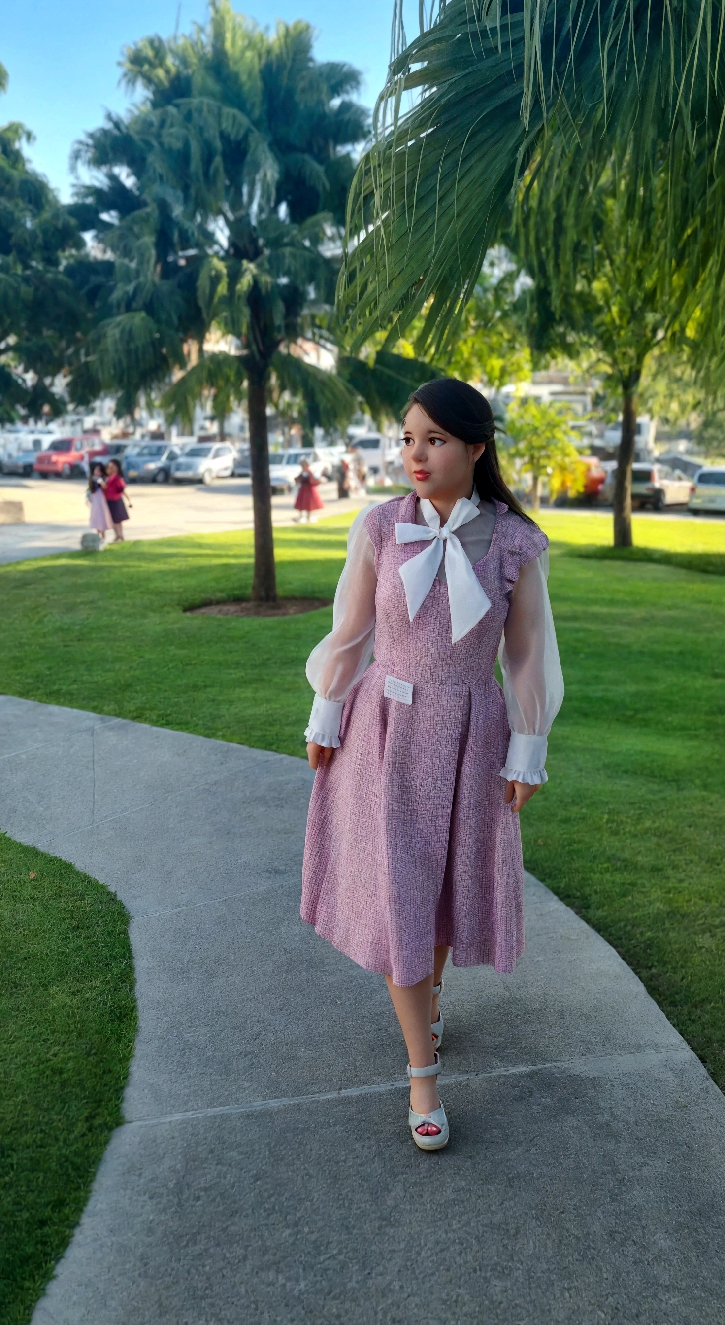 there is a woman standing on the sidewalk in a pink dress, whole body wide shot, whole body in view, very low quality image, wearing 10s era clothes, Old dress, outfit photo, front side full, dressed like in the 1940s, It is cute, whole body picture, outdoor photo, whole body!