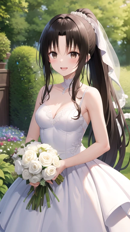 masterpiece, best quality, highres, 1girl, solo, long hair, black hair, ponytail, parted bangs, brown eyes, wedding dress, smile, open mouth, tears, holding bouquet, garden, confetti, standing, cowboy shot,