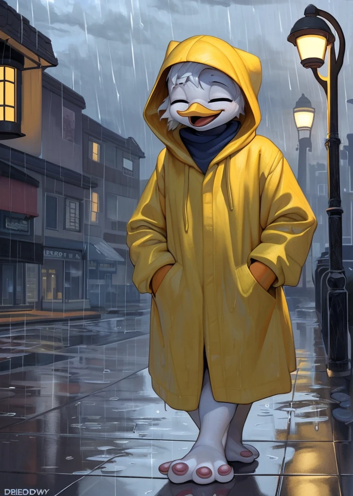 (by drockdraw:1.2) (by chelodoy:1) (by ashraely:1) webby vanderquack, white skin, white hair, orange legs:1.2, beak, ducktales, scut tail, short hair, (yellow raincoat, baggy clothing:1.3) (hood up:1.3) (clothed, clothing:1.2) (wet:1.3) walking, laughing, mouth open, tongue, hand in pocket, clothed, webbed feet, eyes closed, three-quarter portrait:1.3, eyeliner, smile, white body, young, standing, (detailed background, outside, raining, cloudy, town background, sidewalk, street, street lamp:1.2) (solo:1.2)