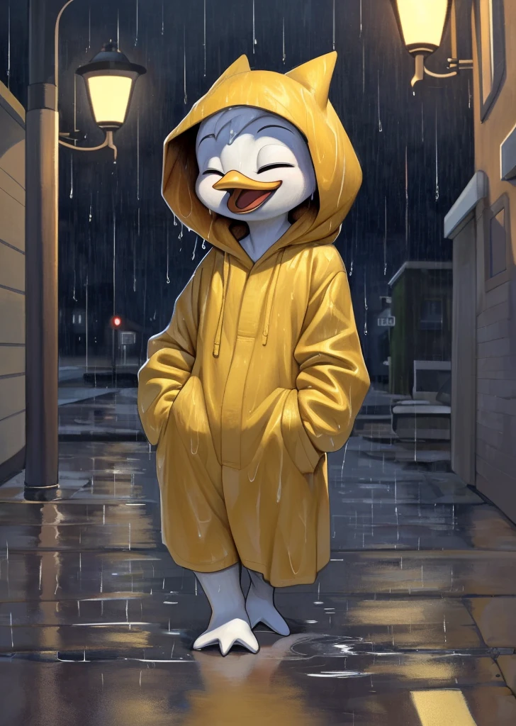 (by drockdraw:1.2) (by chelodoy:1) (by ashraely:1) webby vanderquack, white skin, white hair, orange legs:1.2, beak, ducktales, scut tail, short hair, (yellow raincoat, baggy clothing:1.3) (hood up:1.3) (clothed, clothing:1.2) (wet:1.3) walking, laughing, mouth open, tongue, hand in pocket, clothed, webbed feet, eyes closed, three-quarter portrait:1.3, eyeliner, smile, white body, young, standing, (detailed background, outside, raining, cloudy, town background, sidewalk, street, street lamp:1.2) (solo:1.2)