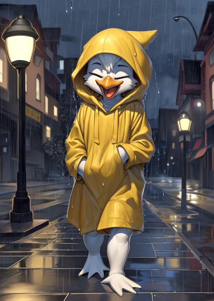 (by drockdraw:1.2) (by chelodoy:1) (by ashraely:1) webby vanderquack, white skin, white hair, orange legs:1.2, beak, ducktales, scut tail, short hair, (yellow raincoat, baggy clothing:1.3) (hood up:1.3) (clothed, clothing:1.2) (wet:1.3) walking, laughing, mouth open, tongue, hand in pocket, clothed, webbed feet, eyes closed, three-quarter portrait:1.3, eyeliner, smile, white body, young, standing, (detailed background, outside, raining, cloudy, town background, sidewalk, street, street lamp:1.2) (solo:1.2)