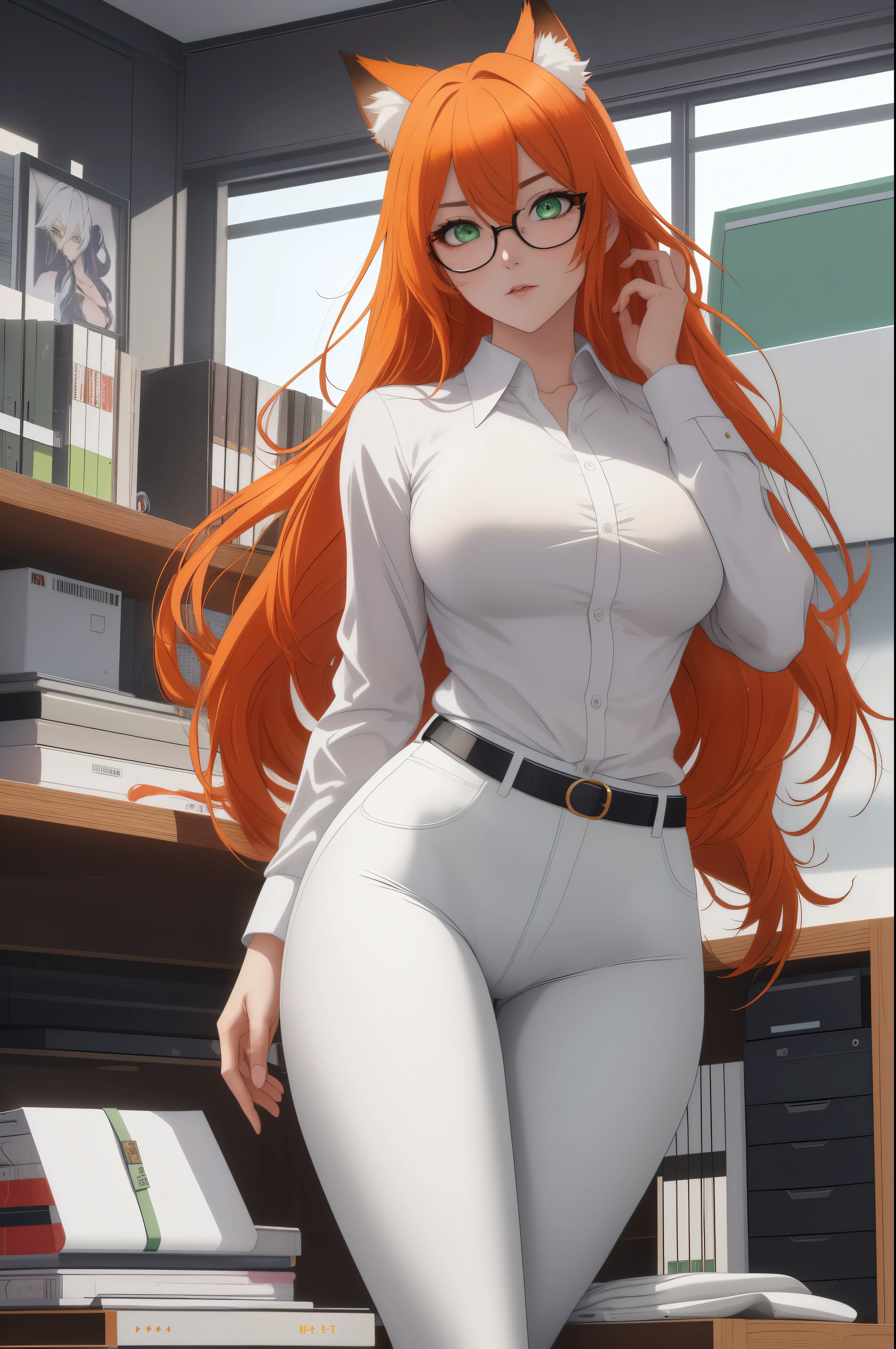 (masterpiece, Best quality), 8K, ultra detailed, realistic photo, Detailed face, perfect lighting, green eyes, bright orange hair, bright hair, fox ears, nice legs, side photo, beautiful, Cute, skin pores, 1 girl, perfect shirt, fully dressed, beautiful women 30 years old, Beautiful proportions, Russian woman, Caucasian, European, Business lady, stunningly beautiful woman, mother, thick legs, show ass, big breasts, (Thin white shirt:1.4), thick, hot, (White Office Wear:1.4), tight pants, (wide hips:1.2), thick, (white Office pants:1.3), spread your legs, Legs open, full length, wide hips, Glasses, with long orange hair, standing on the beach near the ocean, green eyes detailed digital anime art, cat ear, anime girl with long hair, гладкое аниме cg art, anime girl with long hair, digital anime art, work in Guweiz style, Beautiful anime portrait, Photorealistic render of an anime girl, pantyhose, Beautiful anime girl, advanced digital anime art, guweiz на artstation pixiv HD UHD HQ