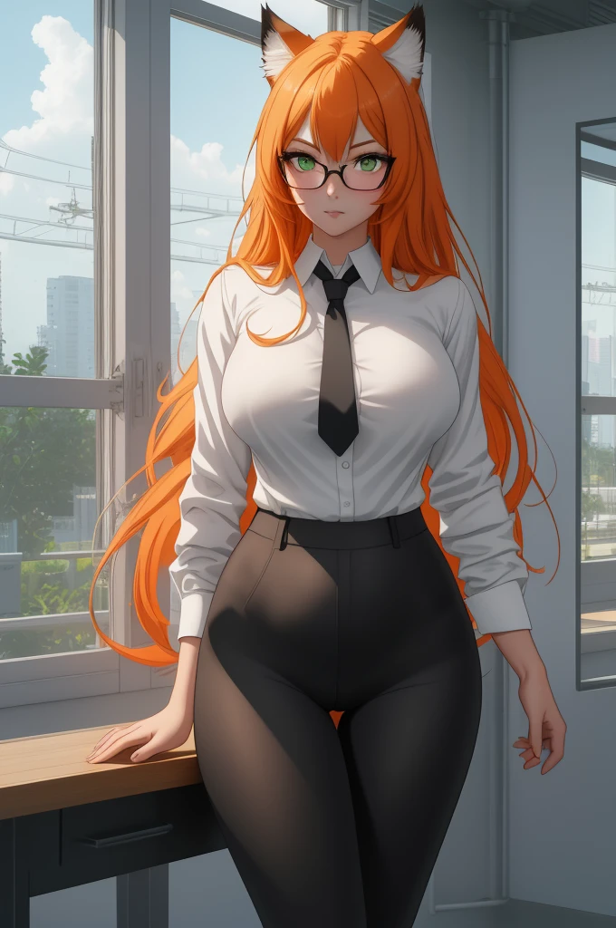 (masterpiece, Best quality), 8K, ultra detailed, realistic photo, Detailed face, perfect lighting, green eyes, bright orange hair, bright hair, fox ears, nice legs, side photo, beautiful, Cute, skin pores, 1 girl, perfect shirt, fully dressed, beautiful women 30 years old, Beautiful proportions, Russian woman, Caucasian, European, Business lady, stunningly beautiful woman, mother, thick legs, show ass, big breasts, (Thin white shirt:1.4), thick, hot, (White Office Wear:1.4), tight pants, (wide hips:1.2), thick, (white Office pants:1.3), spread your legs, Legs open, full length, wide hips, Glasses, with long orange hair, standing on the beach near the ocean, green eyes detailed digital anime art, cat ear, anime girl with long hair, гладкое аниме cg art, anime girl with long hair, digital anime art, work in Guweiz style, Beautiful anime portrait, Photorealistic render of an anime girl, pantyhose, Beautiful anime girl, advanced digital anime art, guweiz на artstation pixiv HD UHD HQ