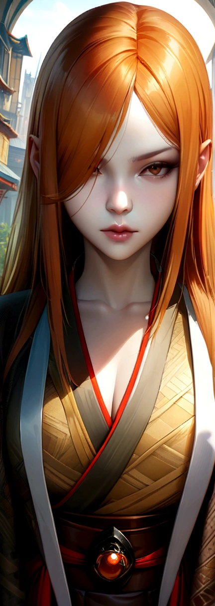 Extreme face close up,Random pose,One girl,(Highly detailed skin),Curvy,,Beautiful breasts,Large Breasts,Pale skin,Pointed Chest,Erect nipples,(Fantasy art,Best image quality,Surreal portrait,(8K),Ultra-realistic,最high quality, high quality, High resolution, high quality texture,High detail,Beautiful details,Fine details,Highly detailed CG,Detailed Texture,Realistic facial expression,masterpiece,Presence,dynamic,bold),(Very thin hair),(Super soft hair),(Super Straight Hair),Long, slicked bangs,Very light coppery amber hair,Hair on one eye,kimono