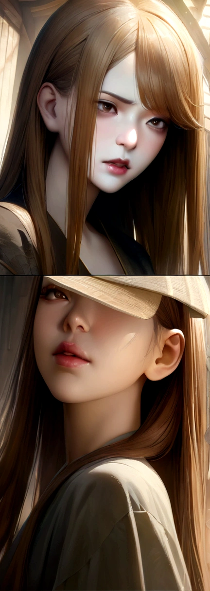 Extreme face close up,Random pose,One girl,(Highly detailed skin),Curvy,,Beautiful breasts,Large Breasts,Pale skin,Pointed Chest,Erect nipples,(Fantasy art,Best image quality,Surreal portrait,(8K),Ultra-realistic,最high quality, high quality, High resolution, high quality texture,High detail,Beautiful details,Fine details,Highly detailed CG,Detailed Texture,Realistic facial expression,masterpiece,Presence,dynamic,bold),(Very thin hair),(Super soft hair),(Super Straight Hair),Long, slicked bangs,Very light coppery amber hair,Hair on one eye,kimono