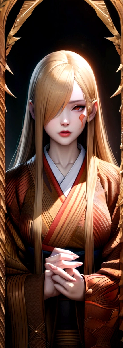 Extreme face close up,Random pose,One girl,(Highly detailed skin),Curvy,,Beautiful breasts,Large Breasts,Pale skin,Pointed Chest,Erect nipples,(Fantasy art,Best image quality,Surreal portrait,(8K),Ultra-realistic,最high quality, high quality, High resolution, high quality texture,High detail,Beautiful details,Fine details,Highly detailed CG,Detailed Texture,Realistic facial expression,masterpiece,Presence,dynamic,bold),(Very thin hair),(Super soft hair),(Super Straight Hair),Long, slicked bangs,Very light coppery amber hair,Hair on one eye,kimono