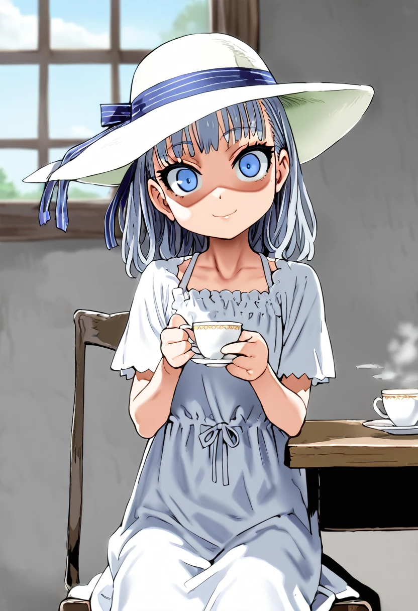 score_9, score_8_up, source_anime,
asanagi, by muk \(monsieur\)
BREAK,
1girl,lawinecasual, grey hair, blue eyes,
white dress, sun hat, hat ribbon,
table, tea, sitting, slight smile,
indoors