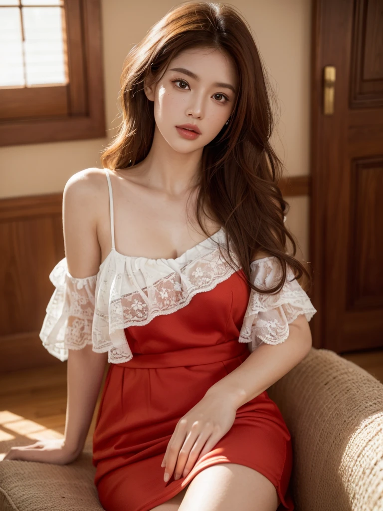 ((highest quality, 8k, masterpiece: 1.3)), 1 female, Japanese Mature,Sensual beauty: 1.3, (Hair style Brown hair Medium curly, big: 1.2), Red Nightwear: 1.1, Super slender face, Delicate eyes, double eyelid, Dimples,Mole, Home,Plump body,Thick legs,Cowboy shot from above,